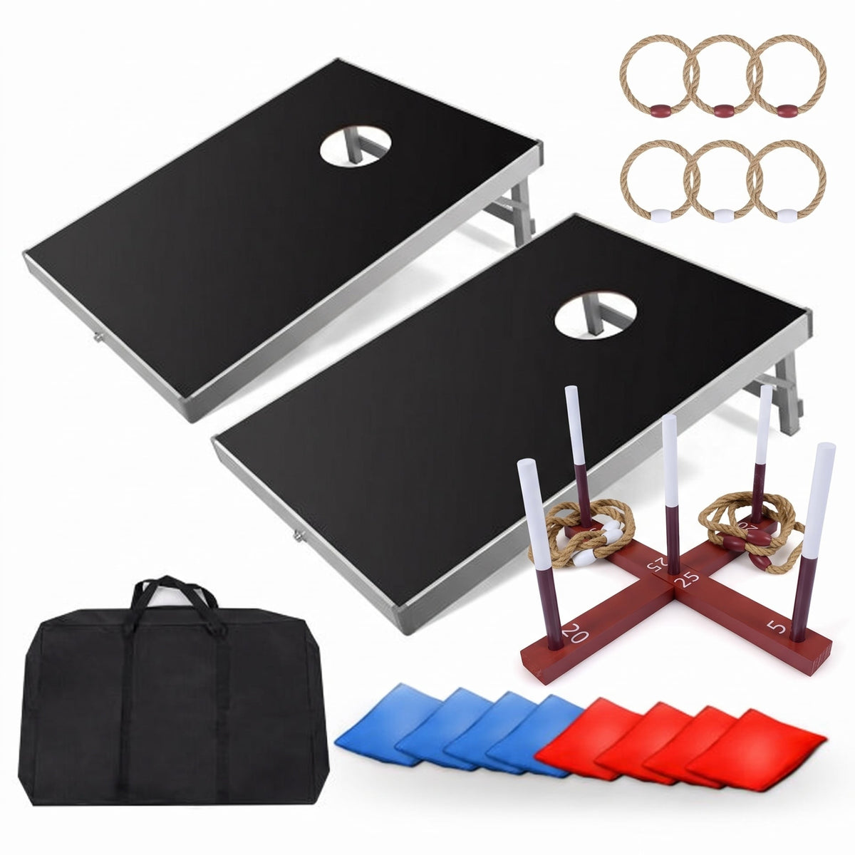 2-in-1 Outdoor Lawn Game Set: Portable Folding Cornhole Board Set with Carrying Bag & Wooden Ring Toss Game for Kids and Adults