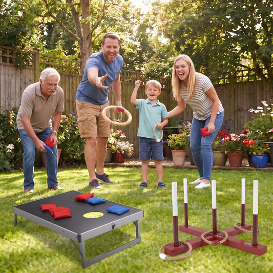 2-in-1 Outdoor Lawn Game Set: Portable Folding Cornhole Board Set with Carrying Bag & Wooden Ring Toss Game for Kids and Adults