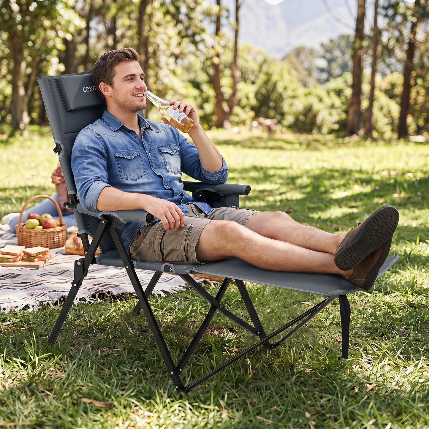 2-in-1 Reclining Camping Chair with Footrest Folding Portable Beach Lounge Chair-Grey