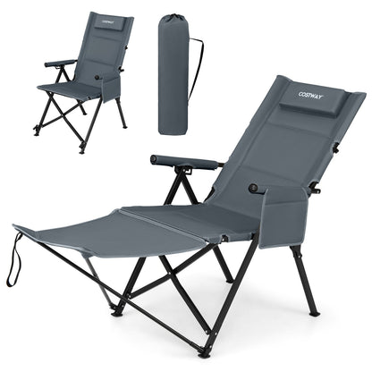 2-in-1 Reclining Camping Chair with Footrest Folding Portable Beach Lounge Chair-Grey