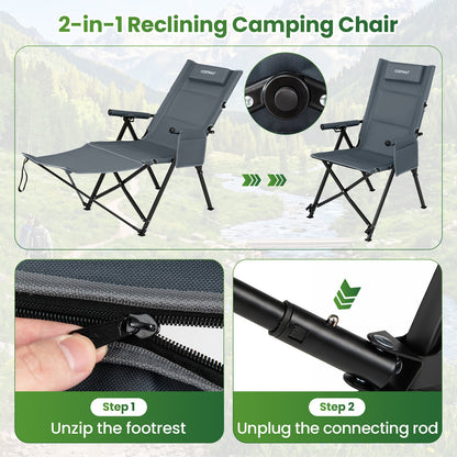 2-in-1 Reclining Camping Chair with Footrest Folding Portable Beach Lounge Chair-Grey