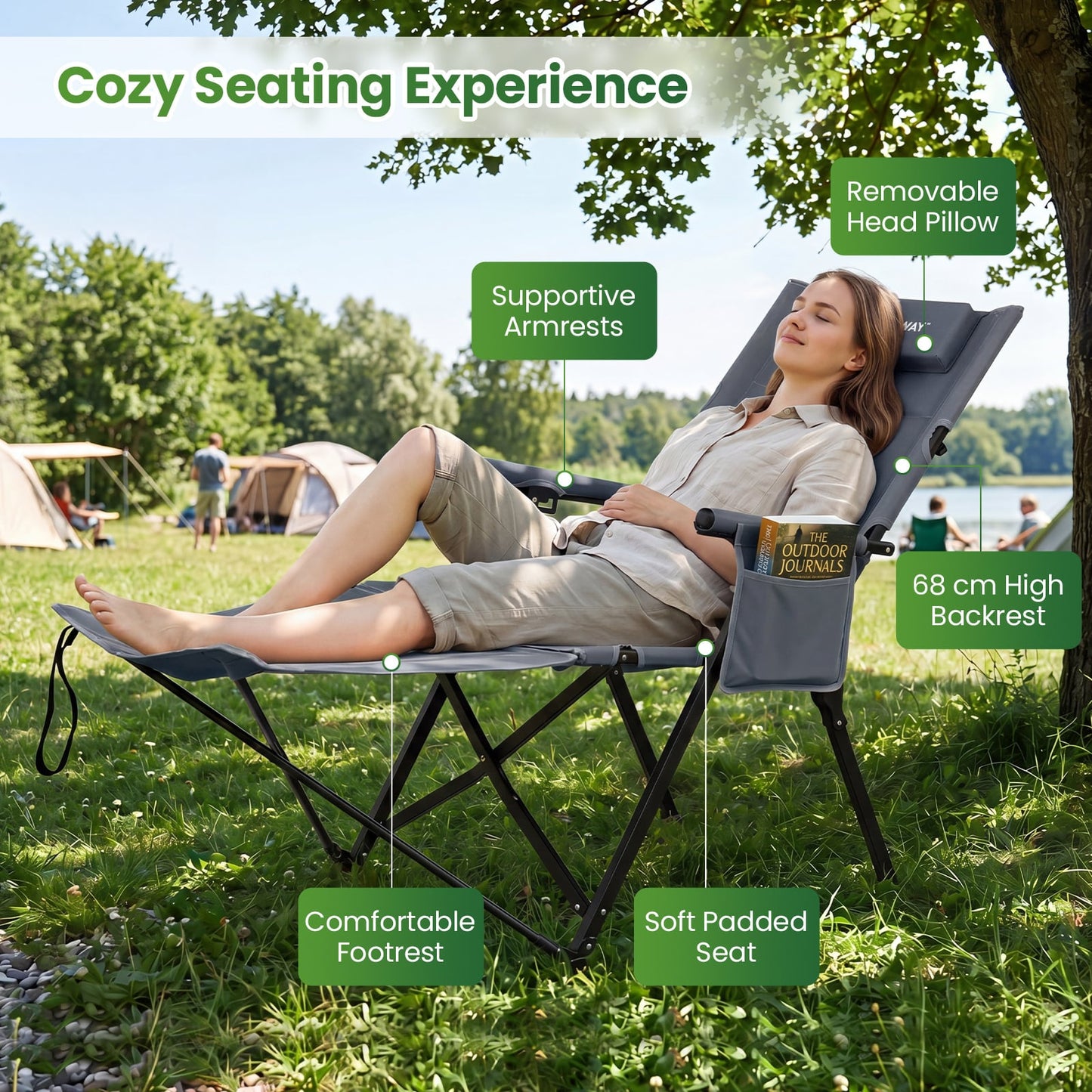 2-in-1 Reclining Camping Chair with Footrest Folding Portable Beach Lounge Chair-Grey