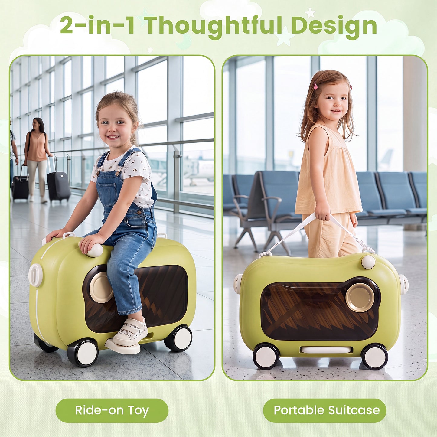 2-in-1 Ride-on Luggage for with Retractable Pedal and Strap for Ages 2+ Kids-Green