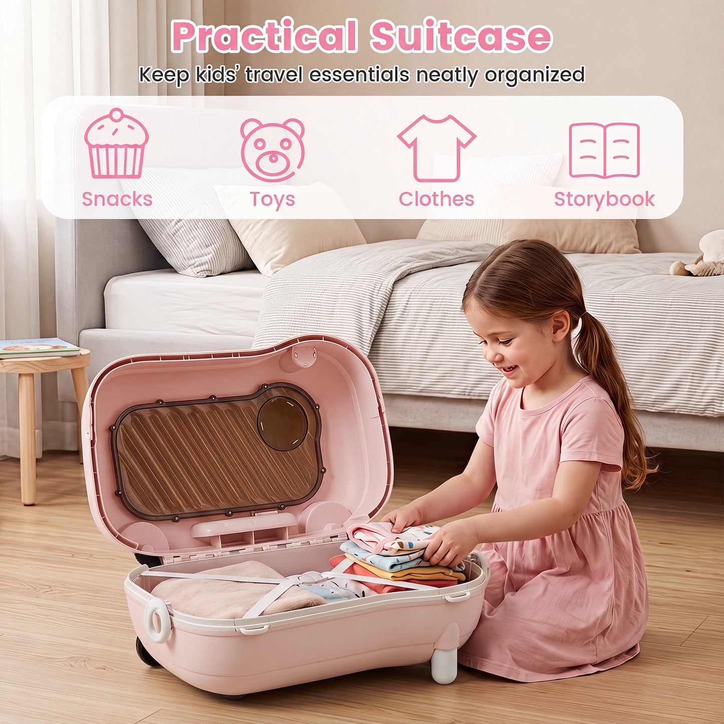2-in-1 Ride-on Luggage for with Retractable Pedal and Strap for Ages 2+ Kids-Pink
