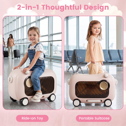 2-in-1 Ride-on Luggage for with Retractable Pedal and Strap for Ages 2+ Kids-Pink