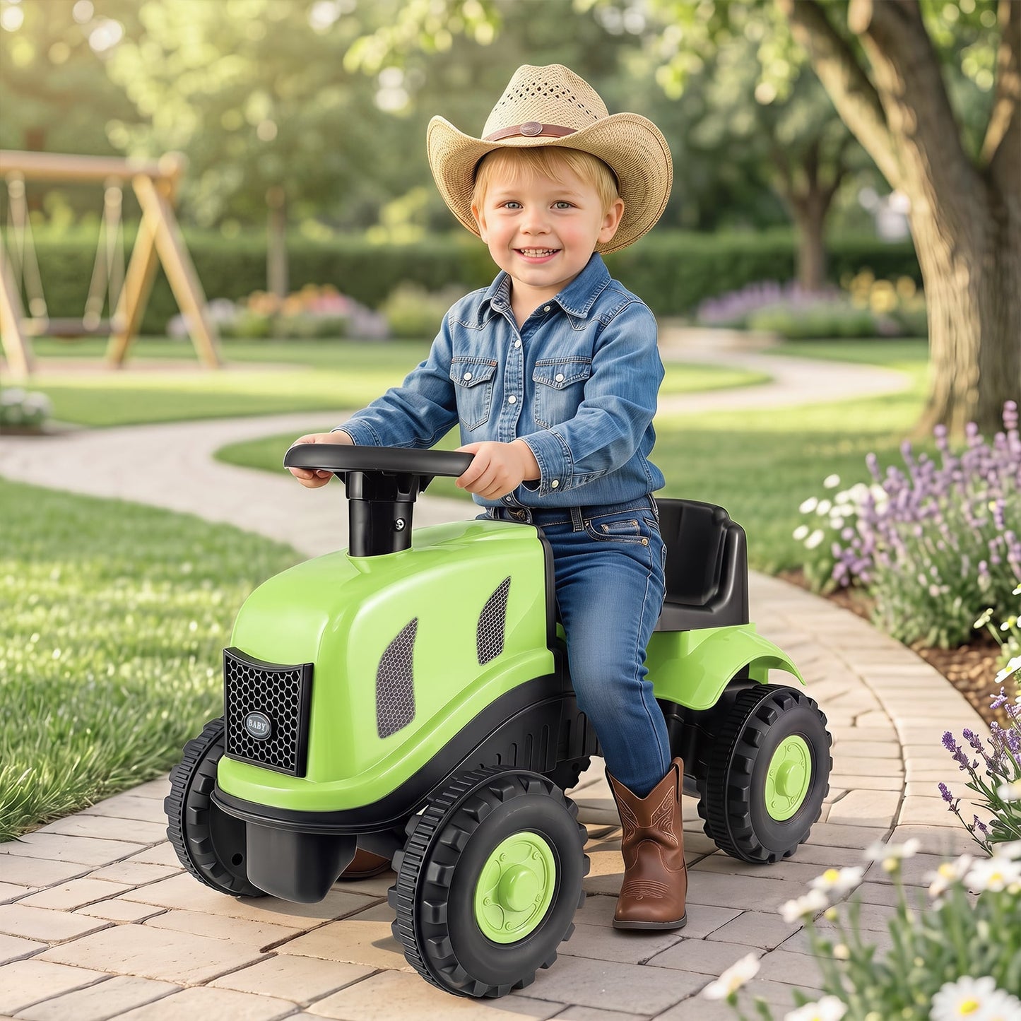 2-in-1 Ride on Tractor with Detachable Trailer Foot-to-Floor Sliding Car with Air Horn-Green