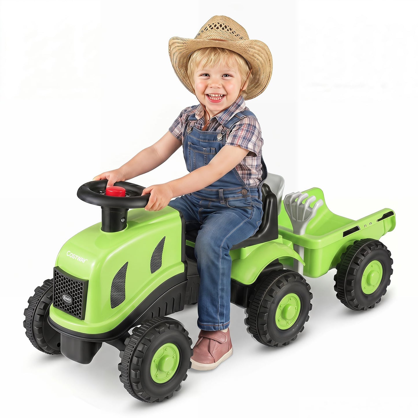 2-in-1 Ride on Tractor with Detachable Trailer Foot-to-Floor Sliding Car with Air Horn-Green