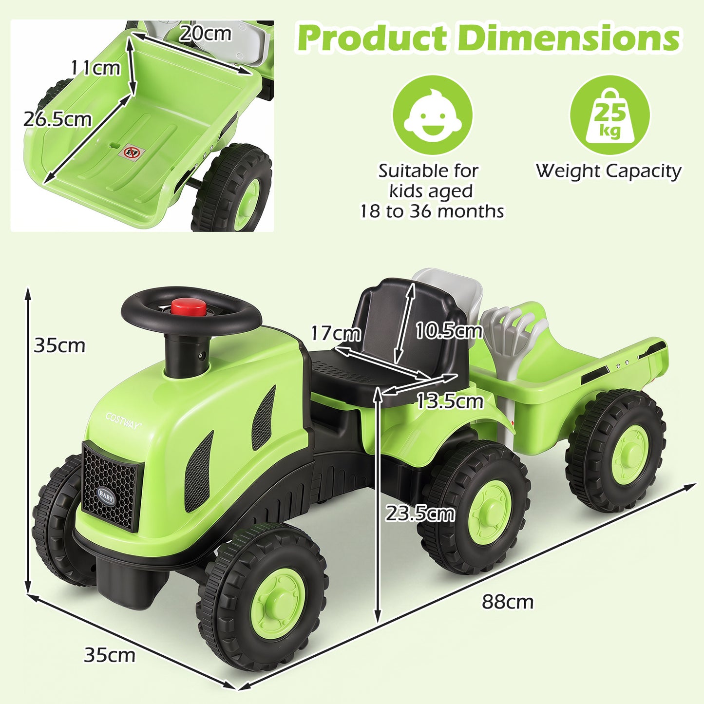 2-in-1 Ride on Tractor with Detachable Trailer Foot-to-Floor Sliding Car with Air Horn-Green