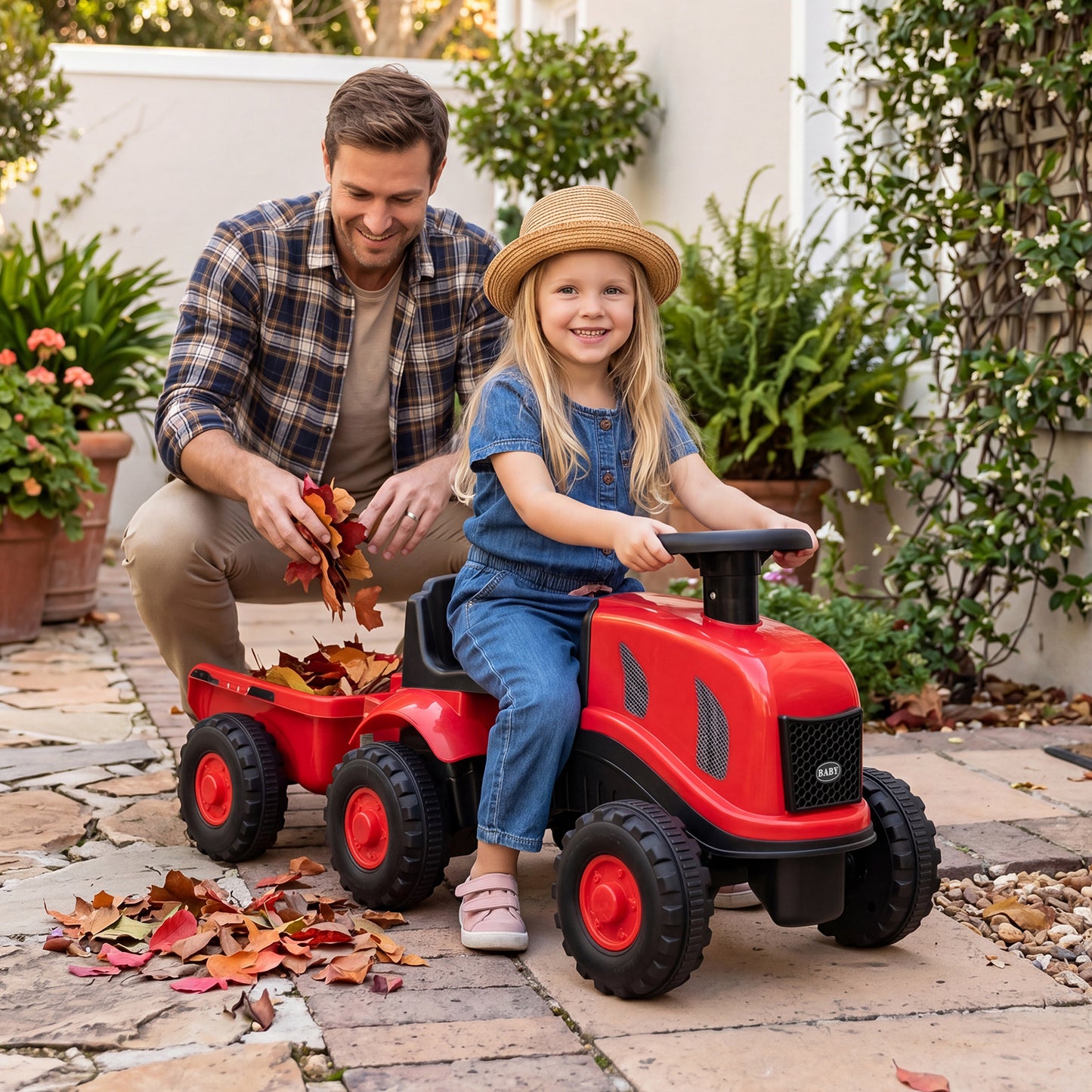 2-in-1 Ride on Tractor with Detachable Trailer Foot-to-Floor Sliding Car with Air Horn-Red