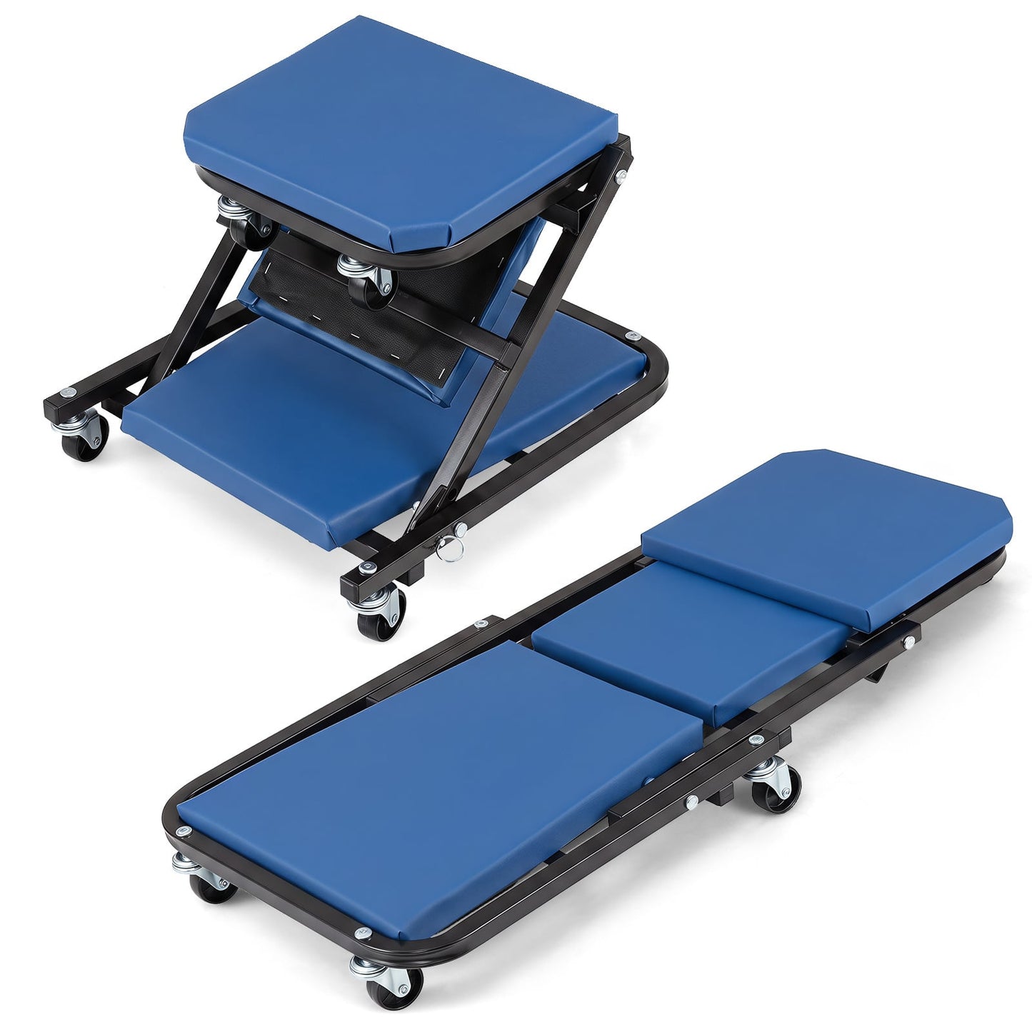 2-in-1 Rolling Creeper Seat Folding Creeper with 6 Universal Wheels-Blue