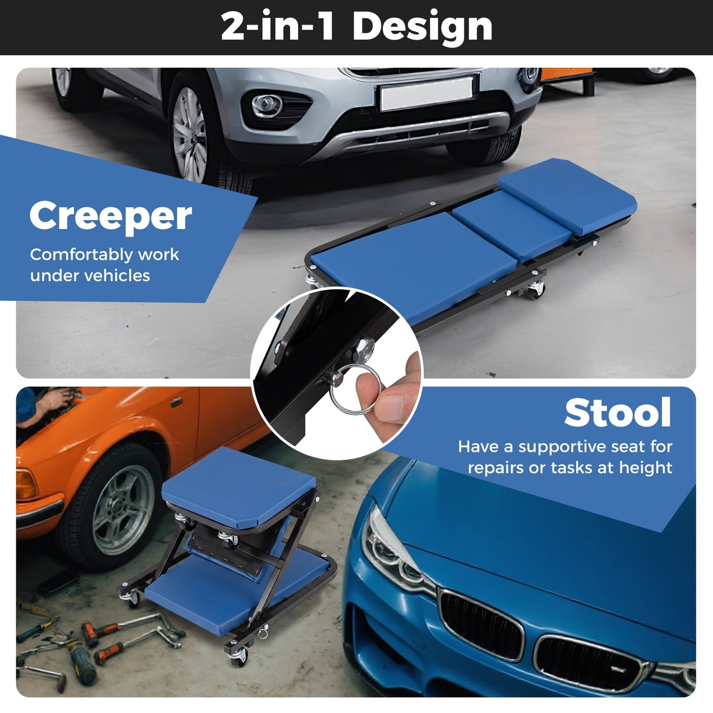 2-in-1 Rolling Creeper Seat Folding Creeper with 6 Universal Wheels-Blue