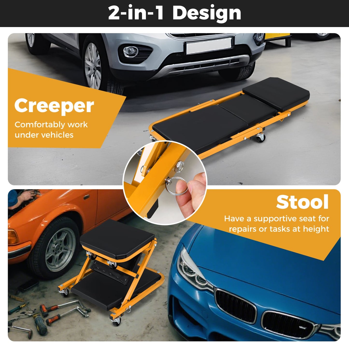 2-in-1 Rolling Creeper Seat Folding Creeper with 6 Universal Wheels-Yellow