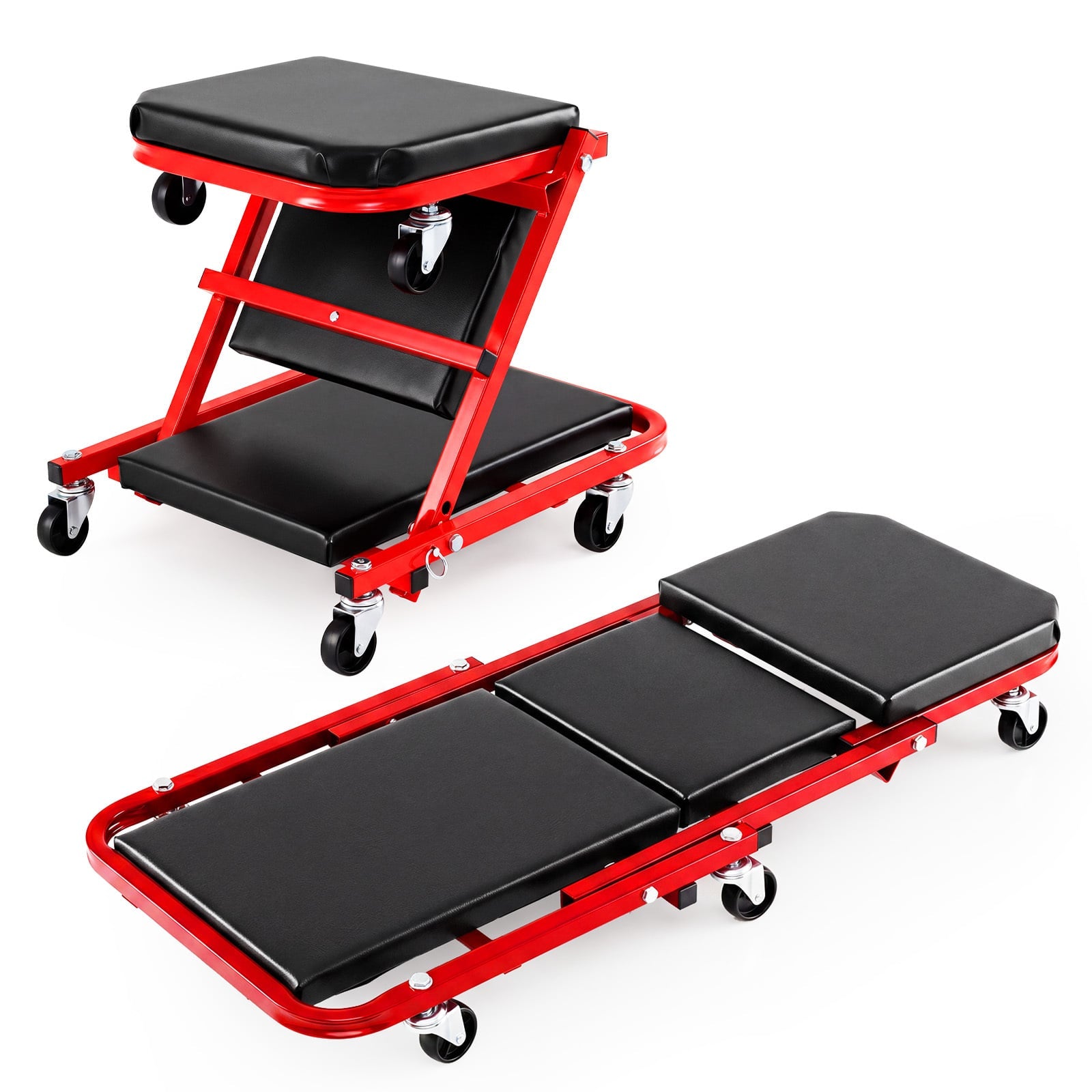 2-in-1 Rolling Folding Z Creeper Seat 36 Inch Roller Garage Chair with 6 Swivel Casters-Red