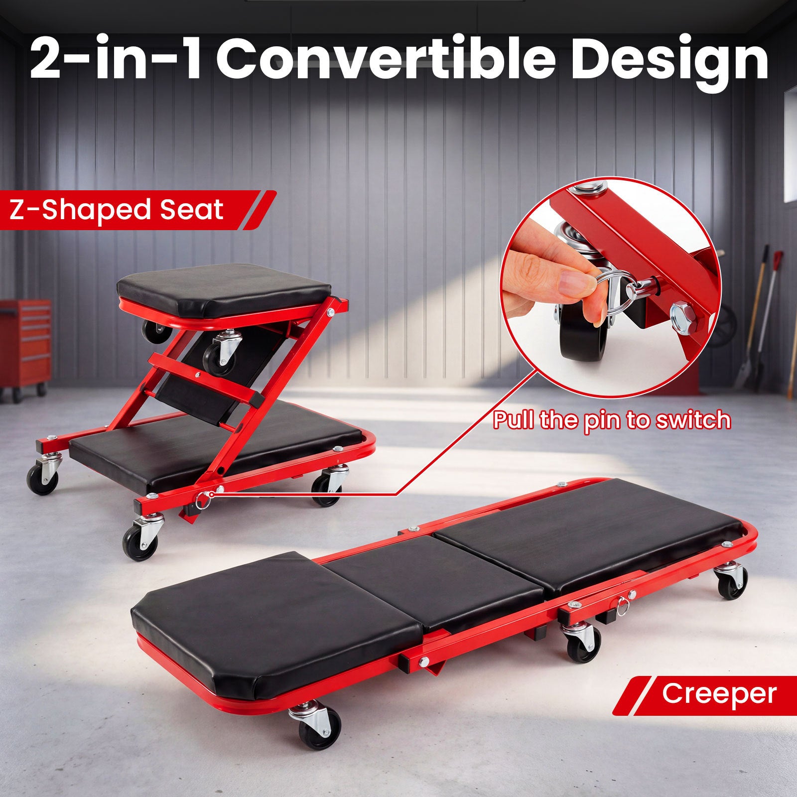 2-in-1 Rolling Folding Z Creeper Seat 36 Inch Roller Garage Chair with 6 Swivel Casters-Red