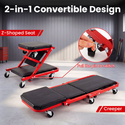 2-in-1 Rolling Folding Z Creeper Seat 36 Inch Roller Garage Chair with 6 Swivel Casters-Red