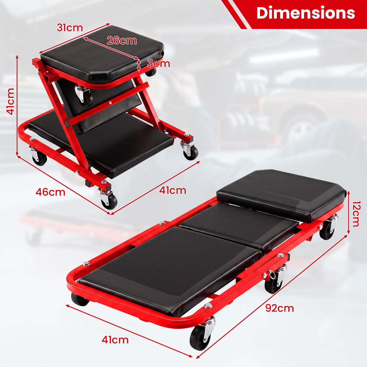 2-in-1 Rolling Folding Z Creeper Seat 36 Inch Roller Garage Chair with 6 Swivel Casters-Red