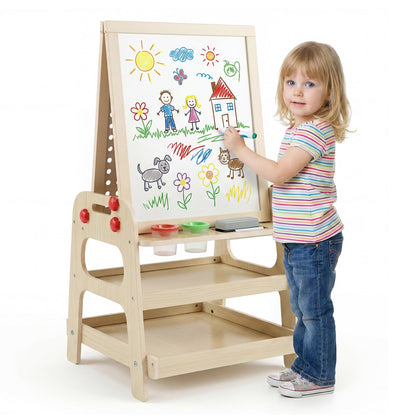 2-in-1 Wooden Easel for Kids with Magnetic Whiteboard and Marble Run Game-Natrual