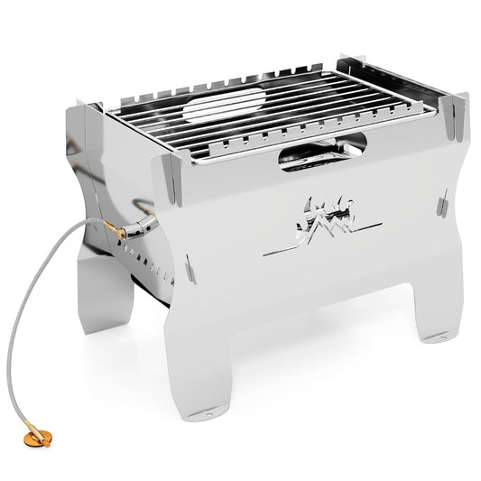 2-in-1 Camping Grill with Stainless Steel Grate and Carrying Bag-Silver