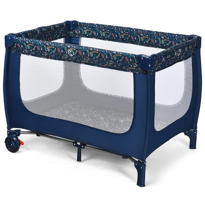 2-in-1 Foldable Baby Playpen with Lockable Wheels and Mattress-Blue