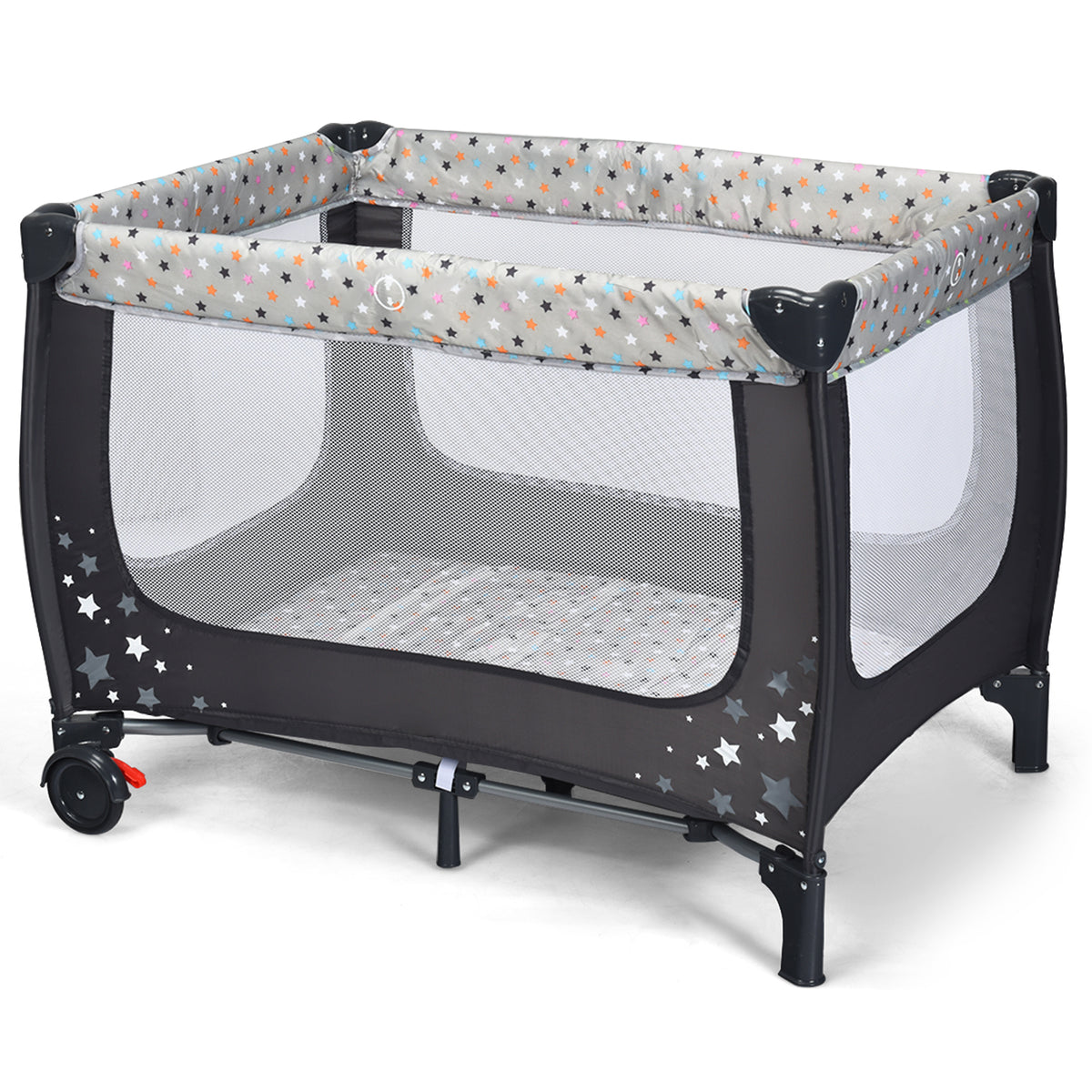2-in-1 Foldable Baby Playpen with Lockable Wheels and Mattress-Grey