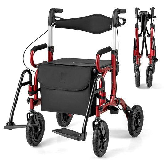2-in-1 Foldable Rollator Walker with Seat and Pneumatic Tires for All Terrain-Red