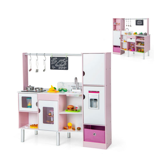 2-in-1 Kids Kitchen and Market Double-sided Play Kitchen-Pink