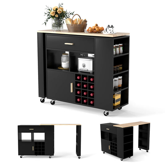 2-in-1 Kitchen Island Cart with Rubber Wood Top-Black