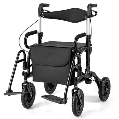 2-in-1 Foldable Rollator Walker with Seat and Pneumatic Tires for All Terrain-Black
