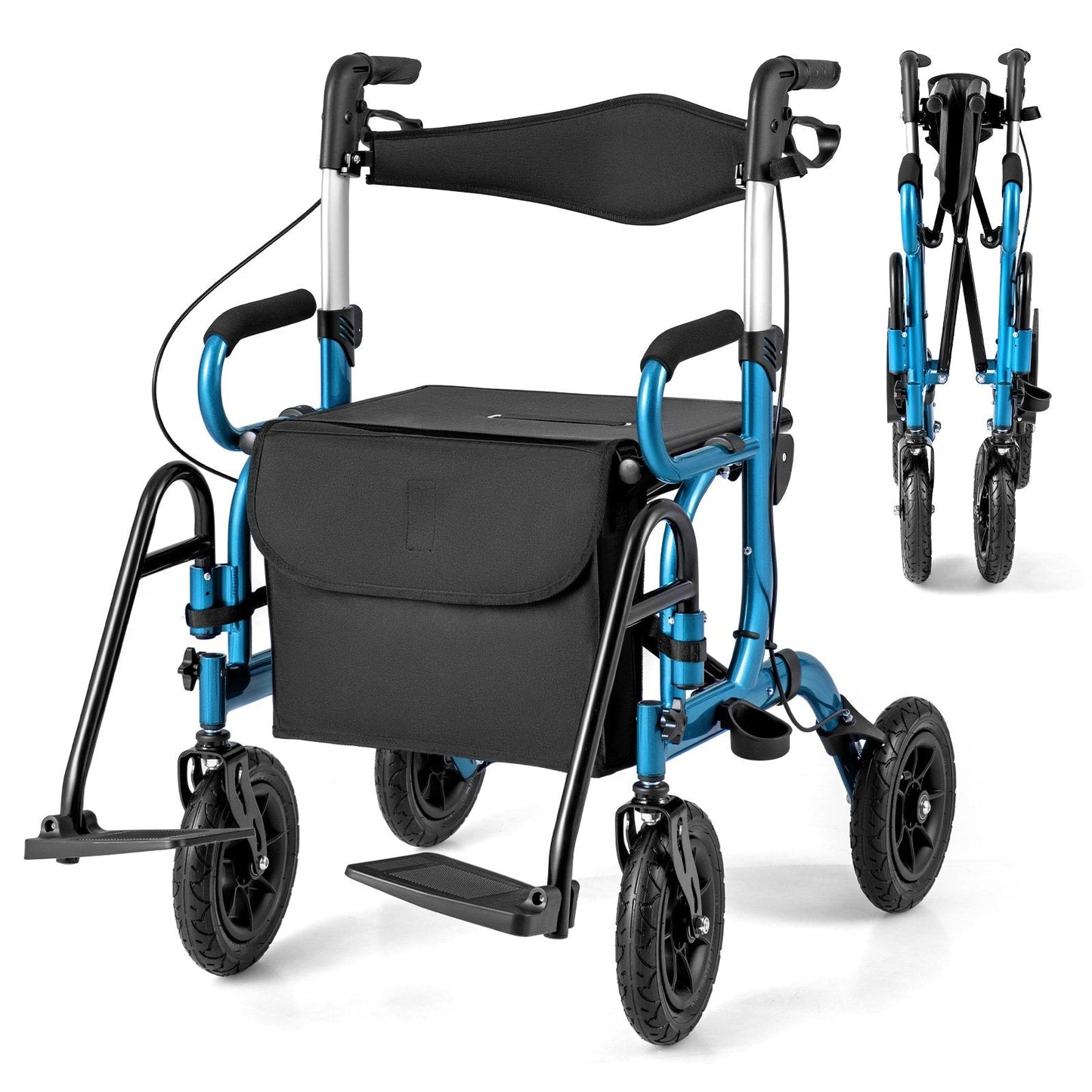 2-in-1 Foldable Rollator Walker with Seat and Pneumatic Tires for All Terrain-Navy