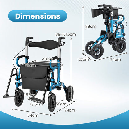 2-in-1 Foldable Rollator Walker with Seat and Pneumatic Tires for All Terrain-Navy