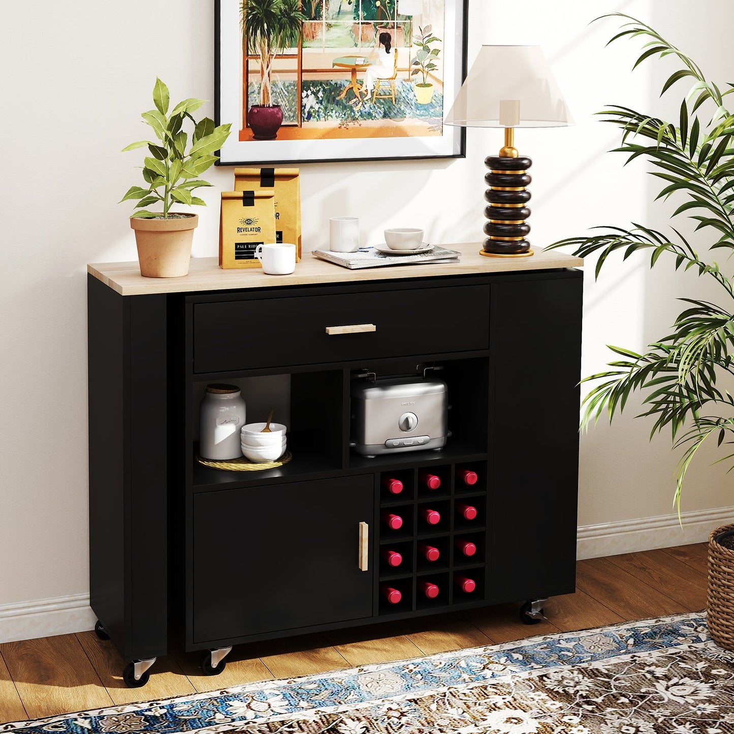 2-in-1 Kitchen Island Cart with Rubber Wood Top-Black