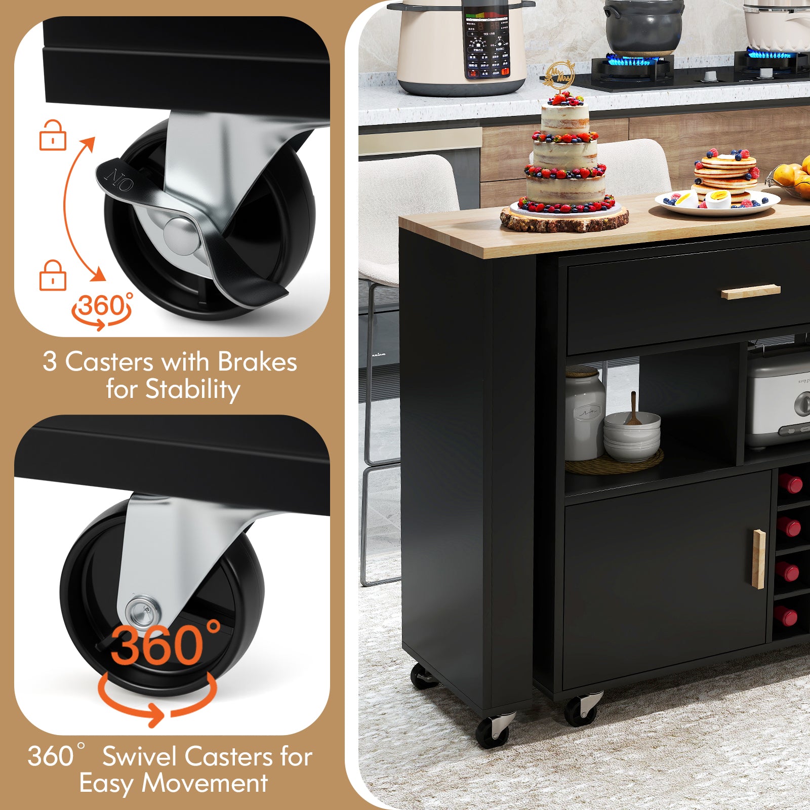 2-in-1 Kitchen Island Cart with Rubber Wood Top-Black