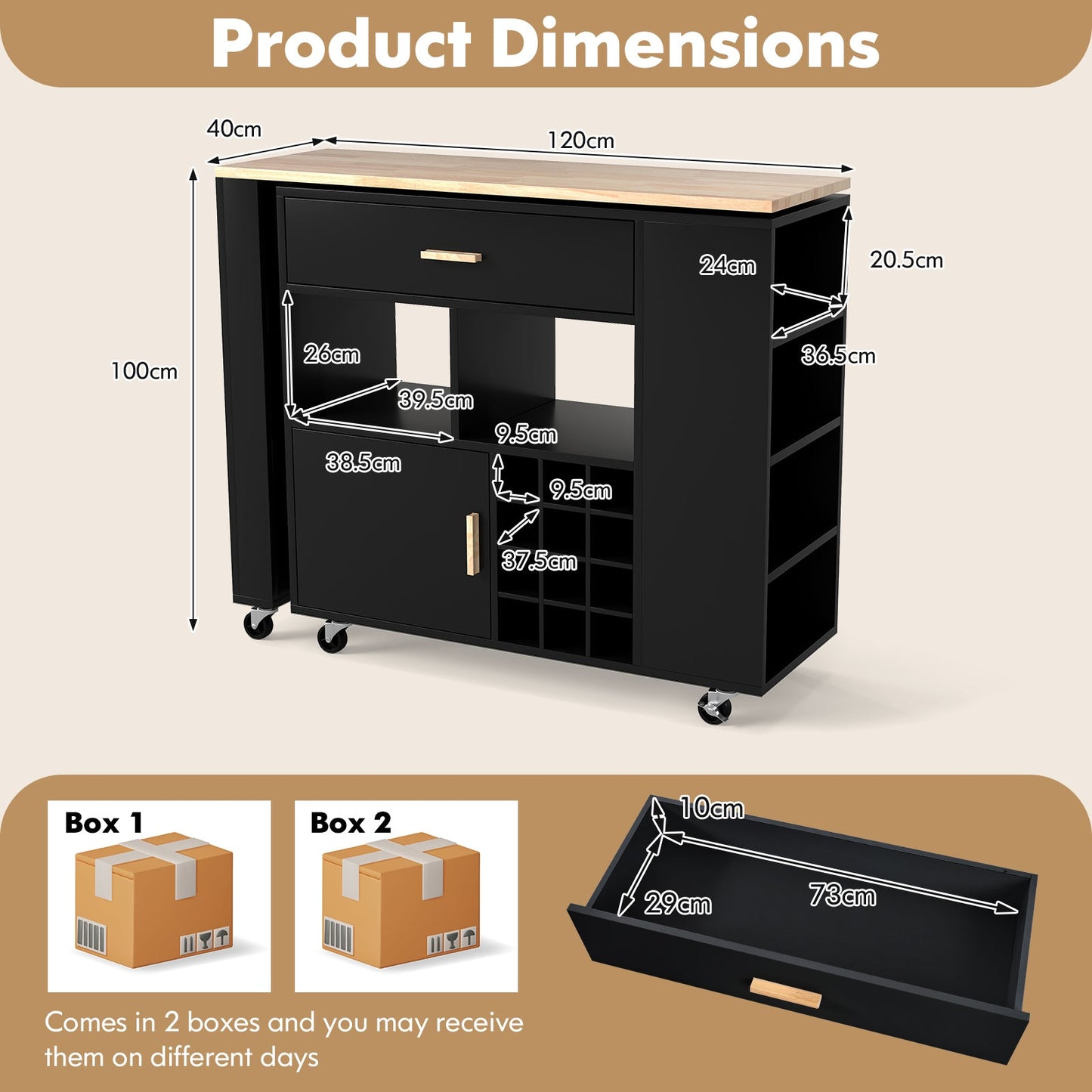 2-in-1 Kitchen Island Cart with Rubber Wood Top-Black