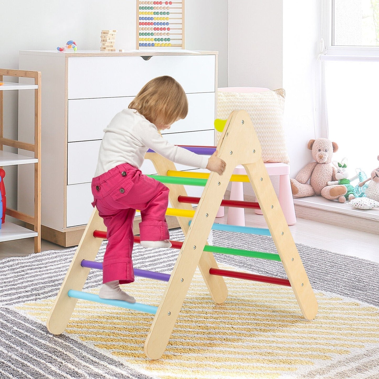 2-in-1 Wooden Triangle Climbing Toy with Gradient Adjustable Slide-Multicolor