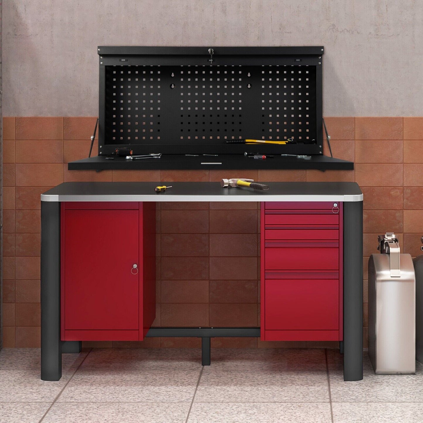 Wall-mounted Folding Workbench with Pegboard-Black