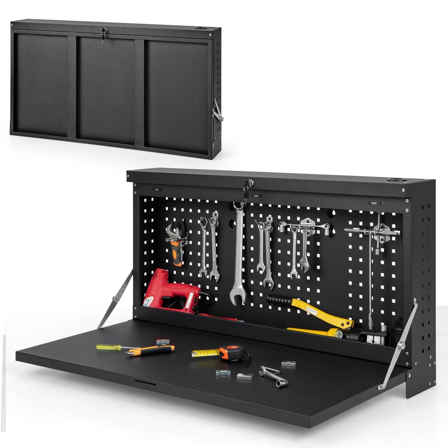 Wall-mounted Folding Workbench with Pegboard-Black