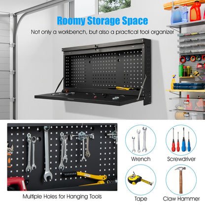 Wall-mounted Folding Workbench with Pegboard-Black