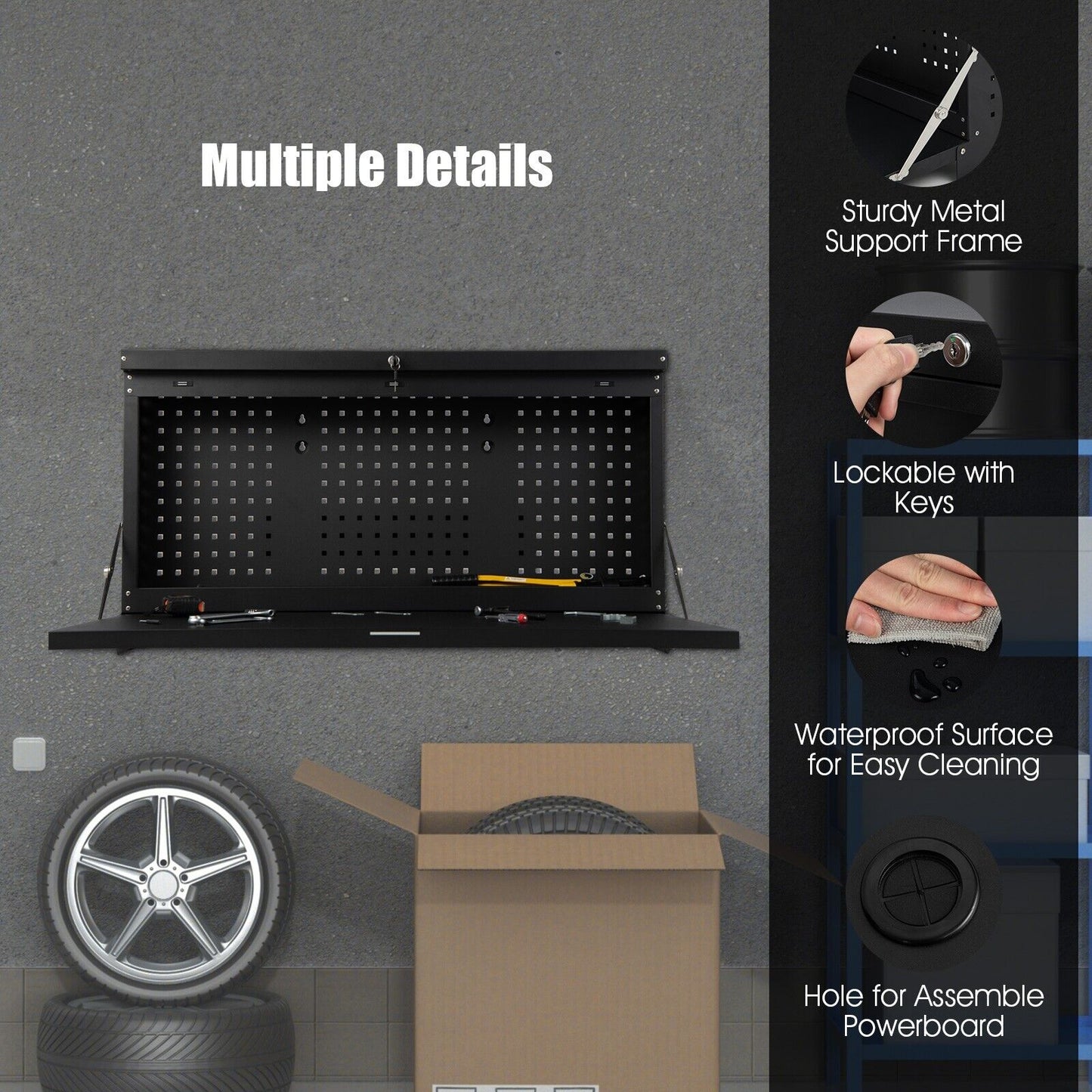 Wall-mounted Folding Workbench with Pegboard-Black