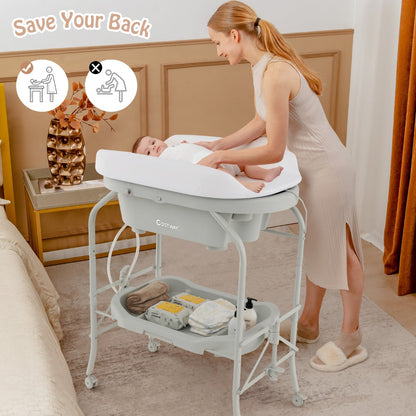 2-in-1 Baby Change Table with Bathtub and Folding Changing Station-Light Grey