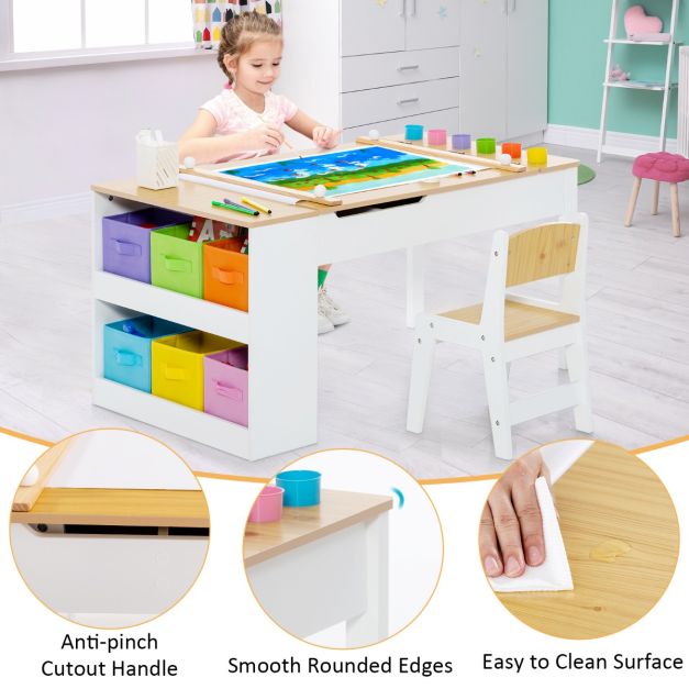2-in-1 Kids Art Table Set with Chairs-Natural