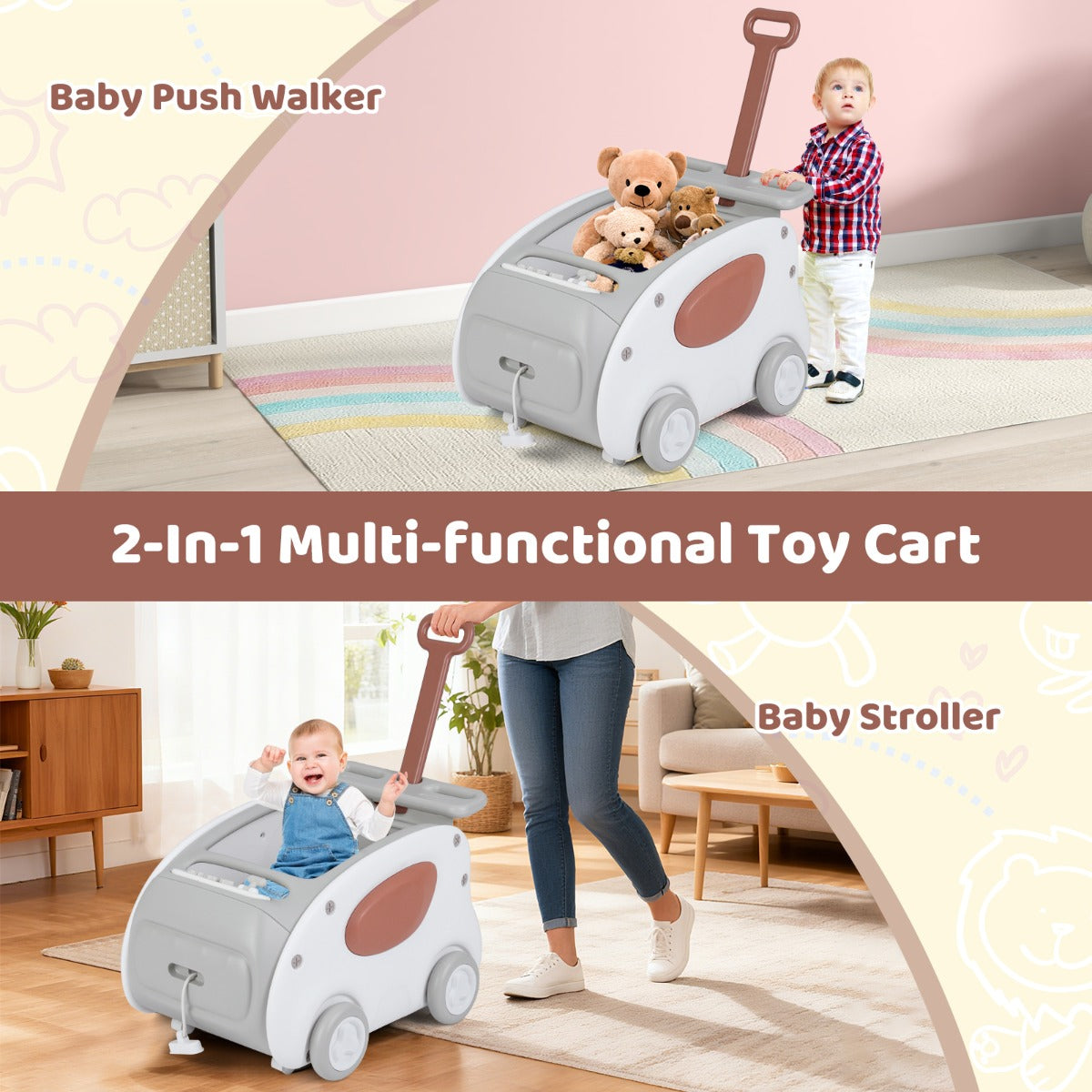 2-In-1 Push and Pull Baby Stroller with Wheels and Foldable Seat-Grey