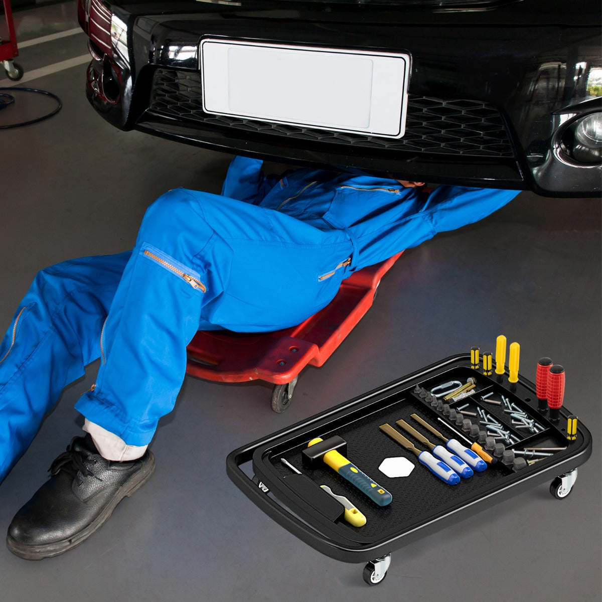 2-in-1 Rolling Tool Tray with Detachable Part Tray-Black