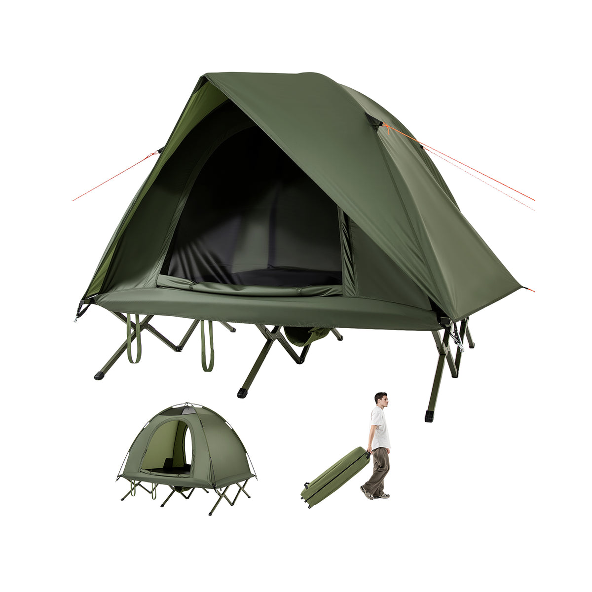 2-Person Camping Cot Tent Foldable Off-Ground Camping Combo for Adults-Green