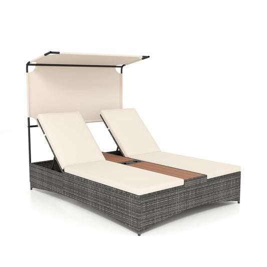 2-Person Rattan Sun Lounger with Canopy and Central Table in Beige