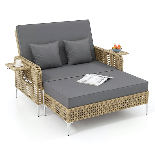 2-Piece Patio Daybed Set with Storage Ottoman in Grey