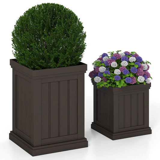 2 Pieces Square Plastic Planters 48cm Large and 32cm Small Flower Pots-Light Brown