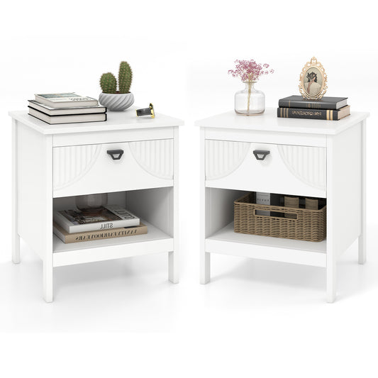 2-tier End Table Set of 2 with Drawer and Open Storage Shelf-White