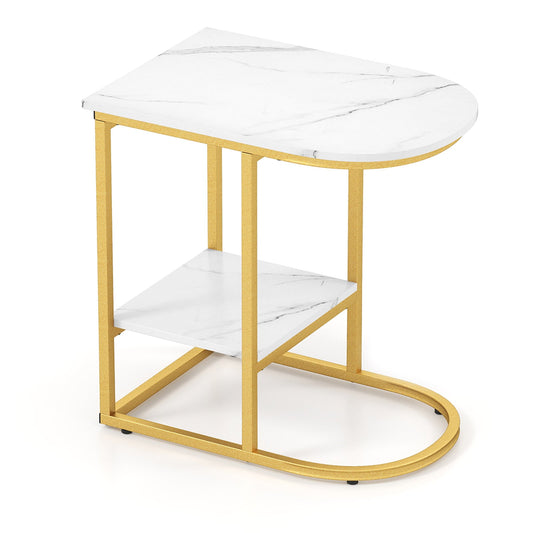 2-Tier C-shaped End Table Modern Sofa Side Table with Metal Frame-White