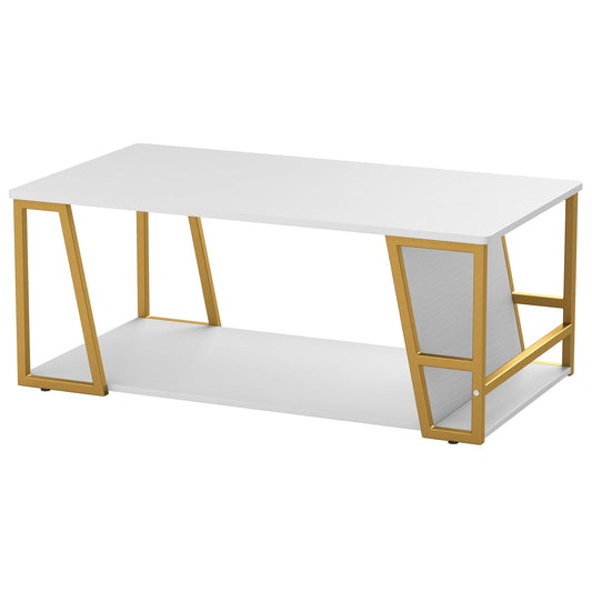 2-Tier Coffee Table with Storage Shelf and Open Compartment in White and Golden