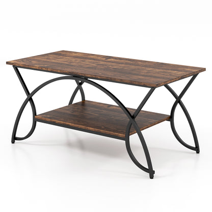 2-Tier Faux Marble Coffee Table with Golden Metal Frame-Rustic Brown